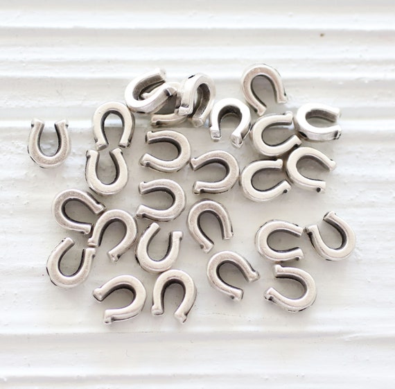 10pc horseshoe charms silver, slider beads silver, lucky charms, spacer charms, horse shoe, mini charms, antique silver metal charms