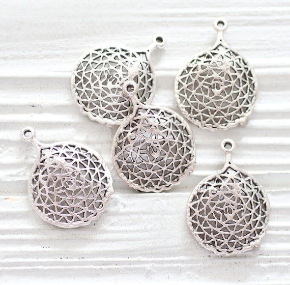 5pc drop charms silver, filigree charms, teardrop chandelier earrings charms, round findings, filigree findings, necklace drops