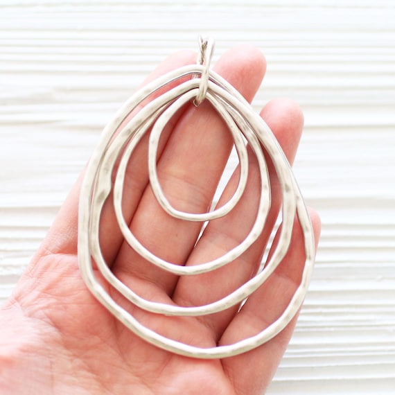 Organic shaped nested drop pendant, silver, large teardrop loops, chandelier pendant, hammered metal