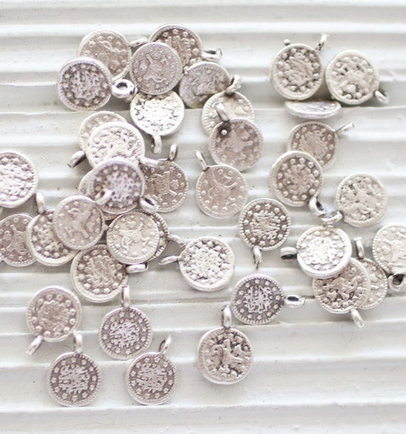 10pc silver coins, disc charms, metal coins, coin charms, silver beads, metal charms, necklace dangles, old coins, charms for bracelets, S1