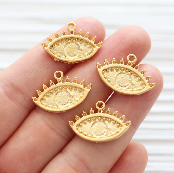 10pc tribal charms, earring charms, gold necklace charms, evil eye metal beads, gold beads, oval beads, rustic charm beads, boho beads