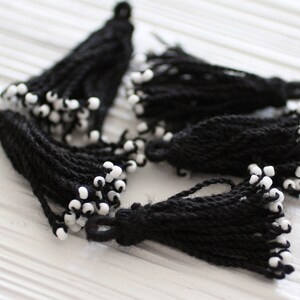 Black tassel with white glass beads, earrings tassel, tassel pendant, black and white tassel, black tassel, necklace tassel, cotton mix, N8 image 2