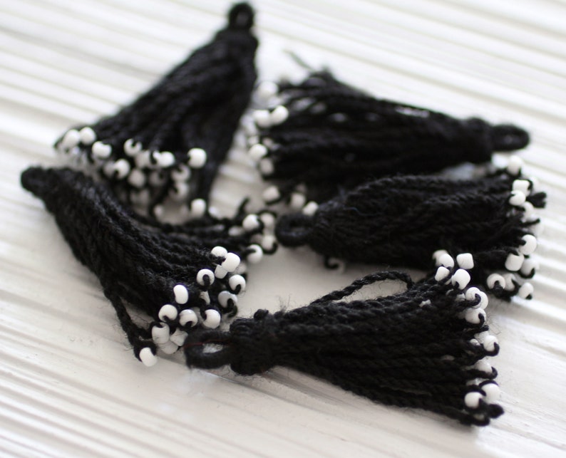 Black tassel with white glass beads, earrings tassel, tassel pendant, black and white tassel, black tassel, necklace tassel, cotton mix, N8 image 2