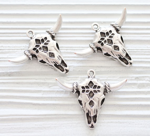 Bull pendant silver, longhorn, ornate bull skull pendant, tribal bull pendant, animal pendant, bull necklace focal pendant, earrings charm