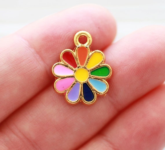 Rainbow flower charm, gold Summer charms, necklace, bracelet, earrings dangle, enamel floral pendant, rainbow daisy pendant