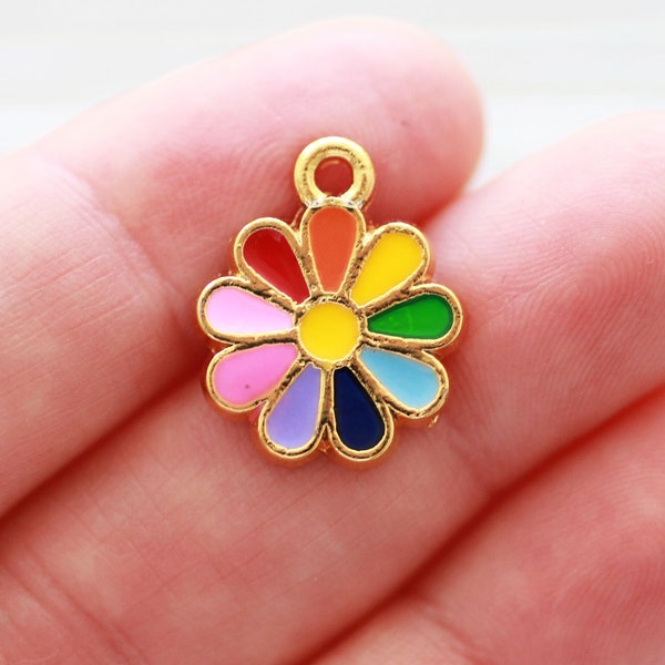 Rainbow flower charm, gold Summer charms, necklace, bracelet, earrings dangle, enamel floral pendant, rainbow daisy pendant