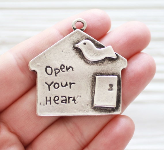 Sweet home pendant, large silver pendant, home sweet home, antique silver findings, hammered pendant, keychain, zipper charm, house pendant