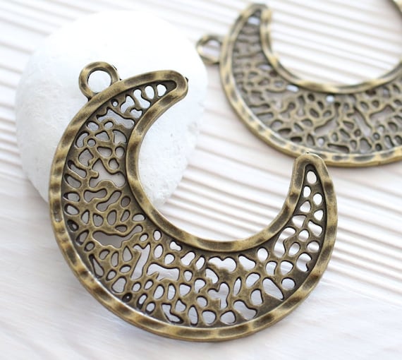 Large filigree crescent pendant, large crescent, large crescent medallion, rustic pendant, tribal pendant, crescent moon, antique gold