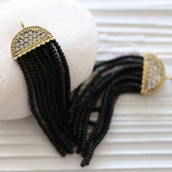 Black bead tassel, rhinestone antique tassel cap, black seed beaded tassel, earrings tassel, necklace tassel pendant, glitter, black tassel