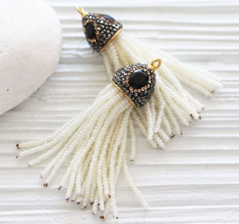 Beaded tassel with lapis gemstone cap glass bead paved tassel neckalce tassel wedding earrings tassel ivory beaded tassel pendant