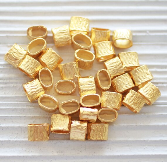 10pc gold barrel beads, bracelet beads, spacer slider beads, textured beads, hammered tube beads, large hole beads,rondelle necklace beads,S
