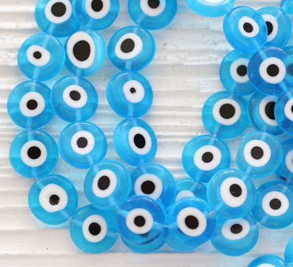 15", 30pc, 12mm evil eye beads, flat glass beads, lamp work beads, sea blue evil eye, bracelet beads, turquoise evil eye round beads, EE12