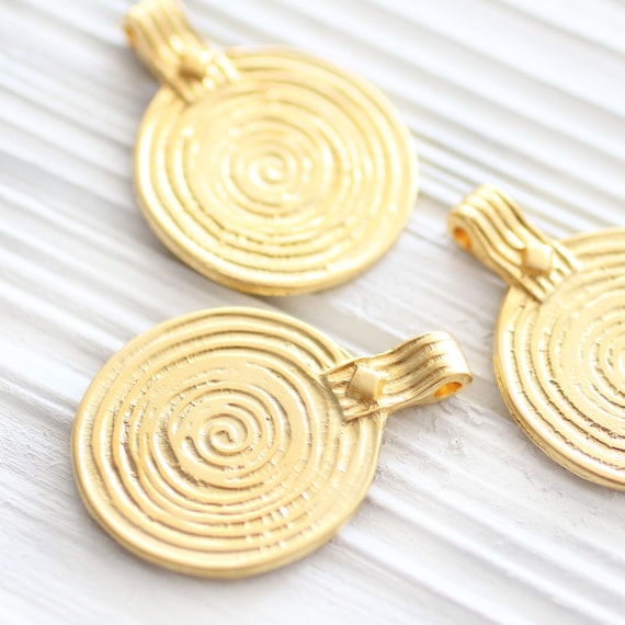 large gold pendant Antique gold tribal pendant gold round pendant hammered metal pendant spiral pendant rustic pendants boho pendant