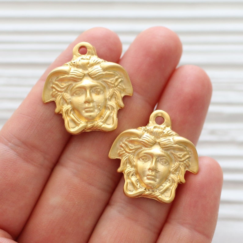 Greek ancient pendant, ancient medallion, dangle focal earrings charm, replica Greek pendant, tribal pendant gold, ancient face old findings image 1