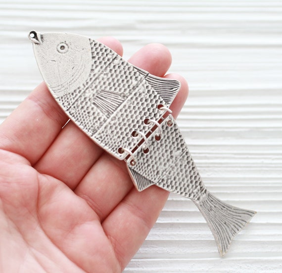 Large fish pendant in silver with two attached parts, moving fish tail, sea pendant, large animal pendant, statement piece