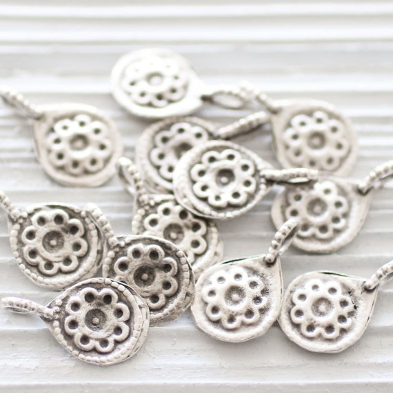 10pc flower charms silver, earrings charm, bracelet charms, large silver charms, dangles, tribal charms, metal charms, silver flower beads