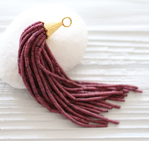 Plum beaded tassel, long bead tassel, gold cap tassel, dark pink bead tassel, matrix tassel, beaded earring tassel, necklace tassel, N17