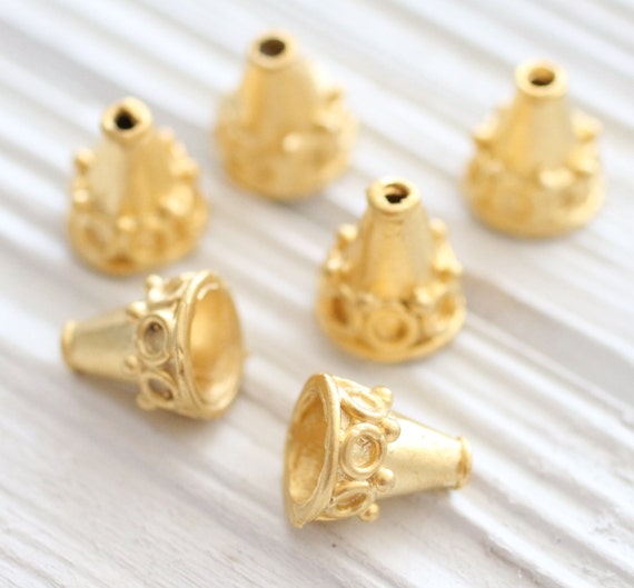 2pc gold tassel cap, bead caps, matte gold, mini bead cones, end caps, mini tassel cap, earrings findings, embellished tassel cap, ornate