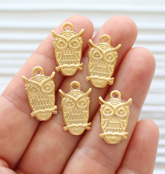 5pc owl charm gold, earrings dangle, owl dangle pendant, gold owl, animal charms, owl charms gold, charms for bracelets, necklace charms, L