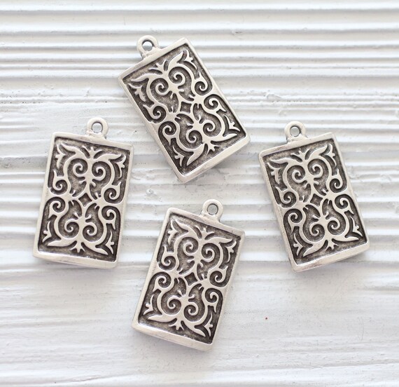 2pc rectangular necklace pendant charm silver, earring charms, tribal charms silver, tribal pendant, geometrical, earrings dangle, rustic