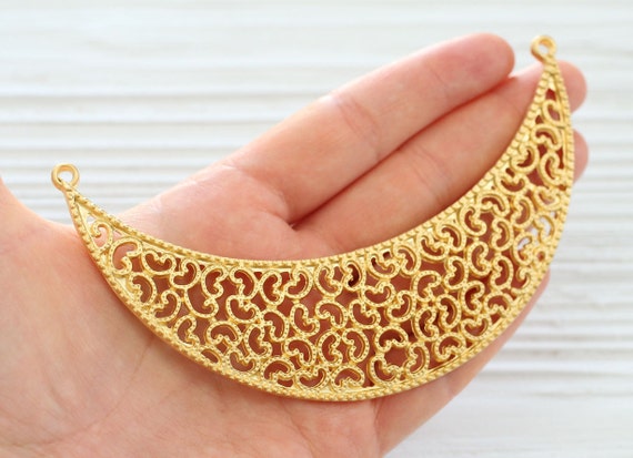 Gold filigree large collar pendant connector, metal collar, large gold crescent moon, filigree crescent, hammered collar necklace, tribal