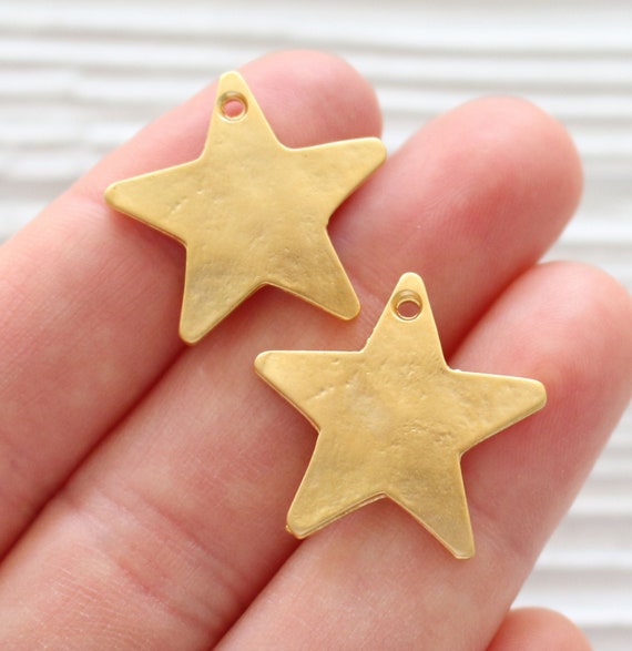 2pc gold star charms, matte gold star beads, bracelet charms, earrings charm dangle, gold star, hammered star charms, celestial charm, M