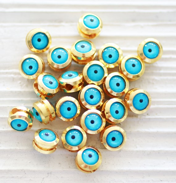 5pc, 7mm aqua blue evil eye beads, round evil eye beads, DIY bracelet beads, turquoise beads, necklace, bracelet slider beads, spacer, EE7M