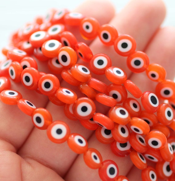 15", 46pc, 8mm orange evil eye beads, round evil eye beads, flat evil eye glass beads, necklace beads, lucky evil eye,DIY bracelet beads,EE8