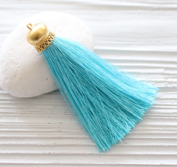 Aqua blue silk tassel, silk tassel pendant, gold cap blue silk tassel, long silk tassel, jewelry tassels, necklace tassel, turquoise, N42