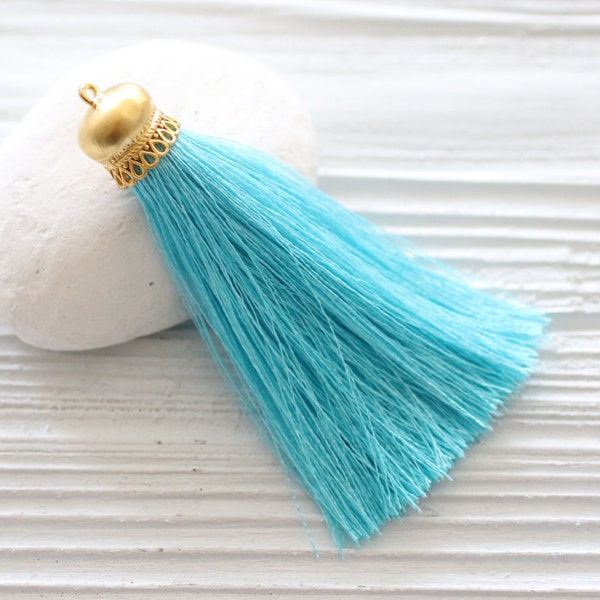 Aqua blue silk tassel, silk tassel pendant, gold cap blue silk tassel, long silk tassel, jewelry tassels, necklace tassel, turquoise, N42