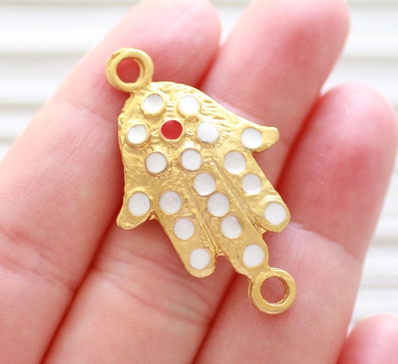 Hamsa pendant gold, Hamsa connector with enamel details, gold Hamsa, focal connector pendant, Hamsa hand, bracelet connector