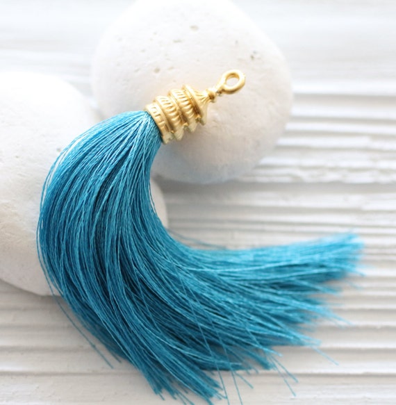 Turquoise silk tassel with gold tassel cap, tassel pendant, large long tassel, jewelry tassels, decorative, necklace tassel, aqua blue, N28