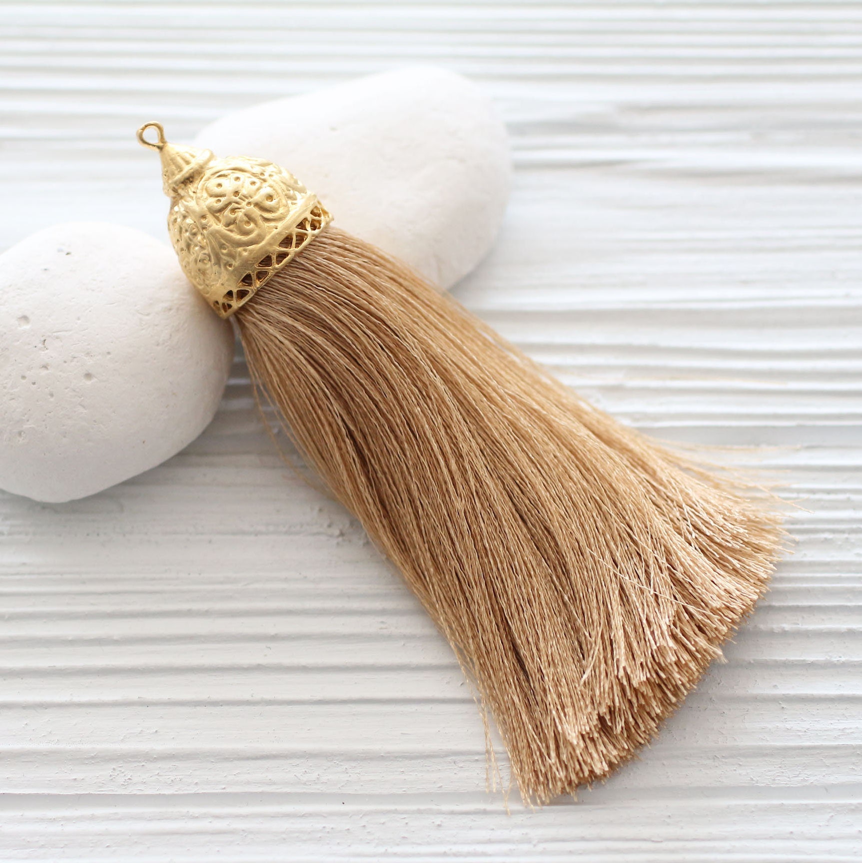 Extra large latte brown silk tassel with rustic gold tassel cap, thick