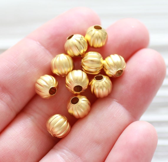 10pc ball beads gold, 8mm, rondelle, metal round beads, textured beads, bracelet beads, large hole beads, necklace beads, DIY jewelry beads