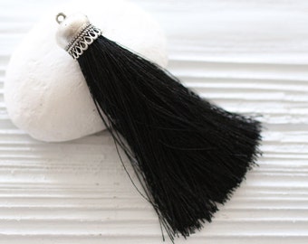 Black silk tassel, silver cap silk tassel, tassels for jewelry, silk necklace tassel, silk tassel pendant, black tassel, mala tassel, N8