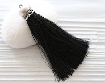 Borla de seda negra, borla de seda de gorra plateada, borlas para joyería, borla de collar de seda, colgante de borla de seda, borla negra, borla mala, N8