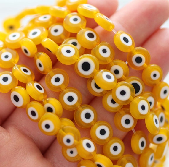 15", 46pc, 8mm yellow evil eye beads, lucky evil eye, DIY bracelet beads, round evil eye beads, flat evil eye glass beads,necklace beads,EE8