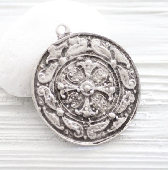 Large tribal pendant, boho pendant, silver pendant, silver medallion, round pendant, artisan, rustic, hammered, double sided