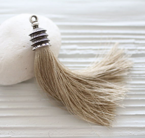 Taupe silk tassel pendant, brown, camel, silver cap, purse tassel charm, tan, beige tassel, jewelry tassels, knob decoration tassel, N25