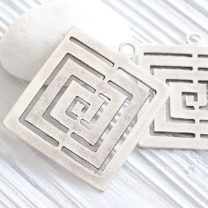 Square pendant silver, geometric pendant, spiral pendant, large pendants, unique pendant, rustic pendant, large metal pendant, square image 2