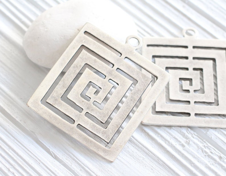 Square pendant silver, geometric pendant, spiral pendant, large pendants, unique pendant, rustic pendant, large metal pendant, square image 2
