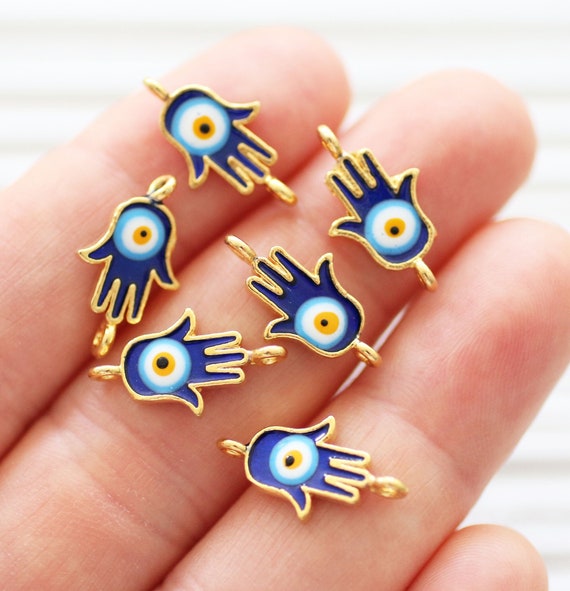 3pc Hamsa charm with evil eye, good luck Hamsa charms, Hamsa connector, enamel charm, hand of Fatima, dangle, Hamsa pendant connector, S