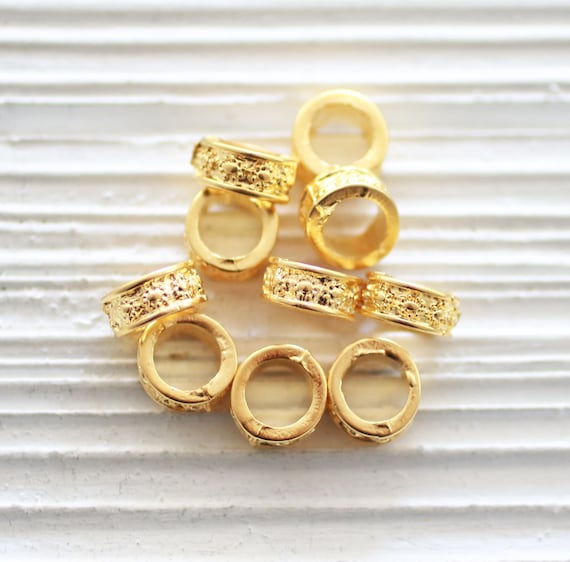 10pc rondelle beads in gold with flower details, large round circle beads, slider beads, rustic beads, large hole beads, bead spacers