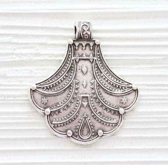 Silver tribal pendant, rustic, boho pendant, focal chandelier pendant, antique silver large hole findings, hammered metal pendant
