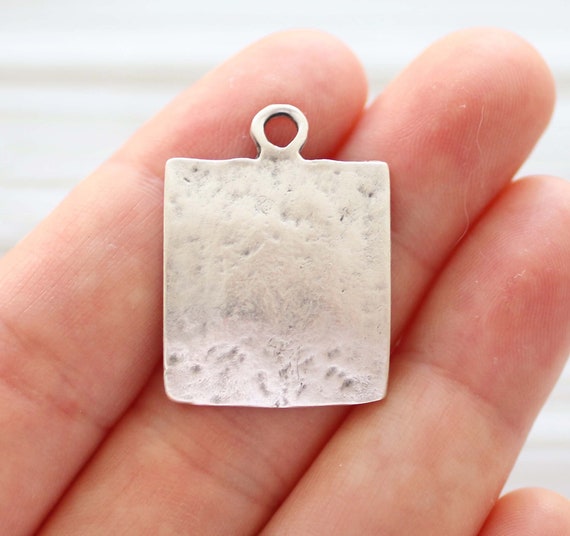Hammered pendant silver, square earrings charms, dangles, hammered metal, silver, square pendant, drop pendant, square necklace charm