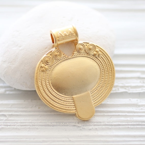 Gold tribal pendant, hammered pendant, large hole pendant, rustic gold medallion, spiral pendant, gold unique pendant, matte gold