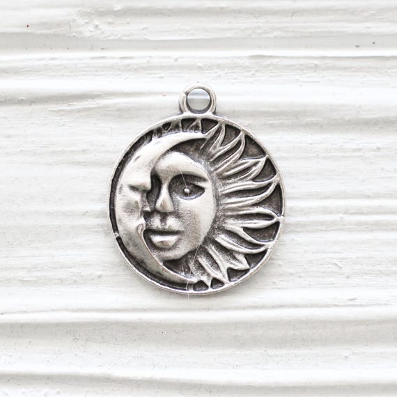 Silver Sun Moon Pendant, Tribal Boho Findings, Ornate Rustic Charm (23mm)