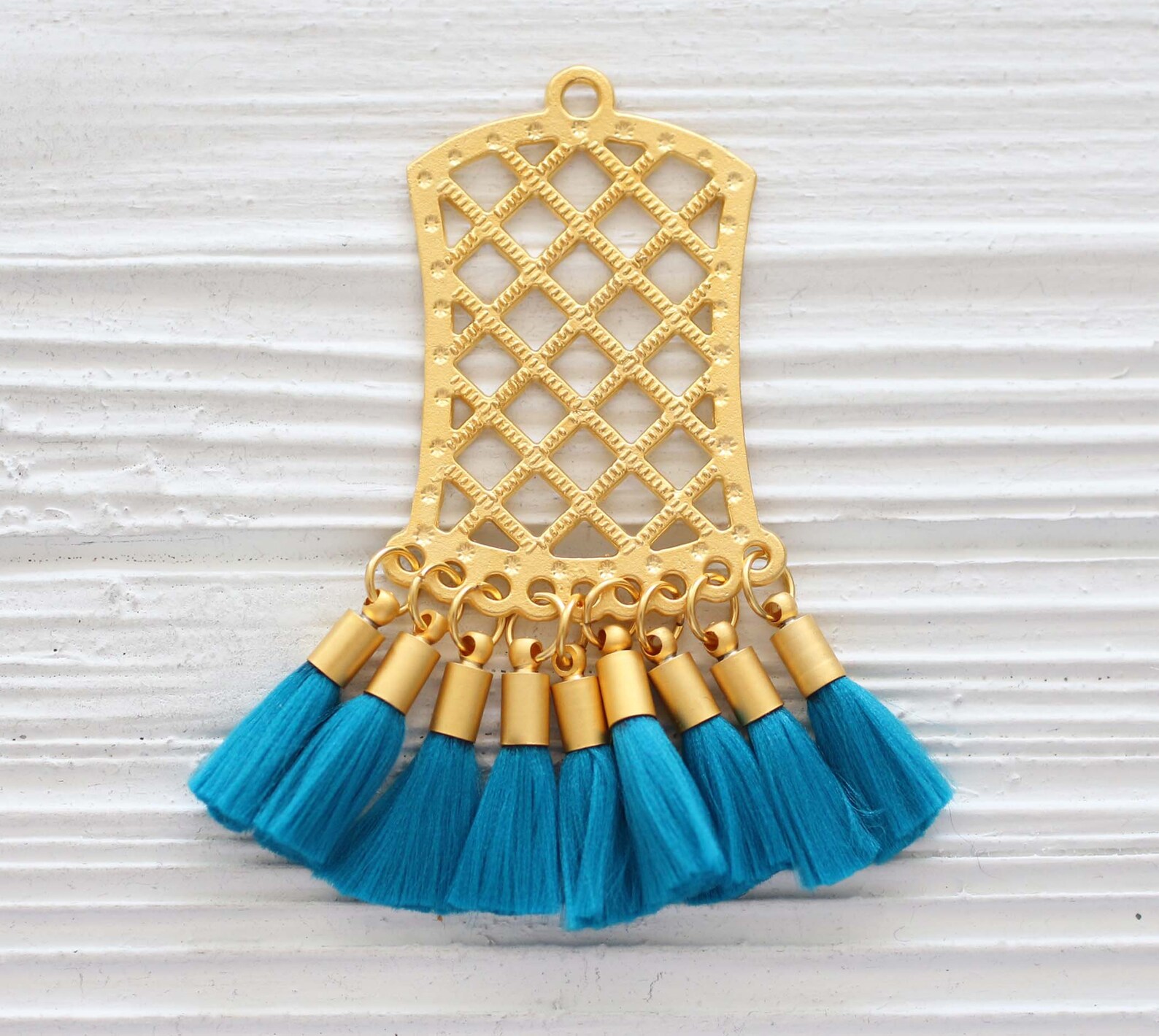 Filigree pendant with teal blue tassels earring pendant Etsy