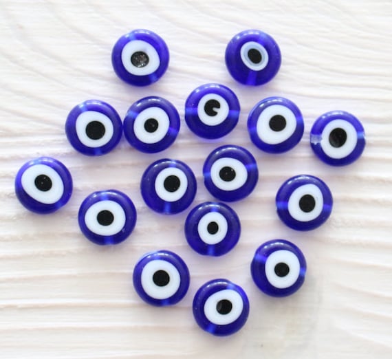 15", 36pc, 10mm blue evil eye beads, flat glass beads, lamp work, navy blue evil eye bracelet beads, handmade, round glass beads, DIY, EE10