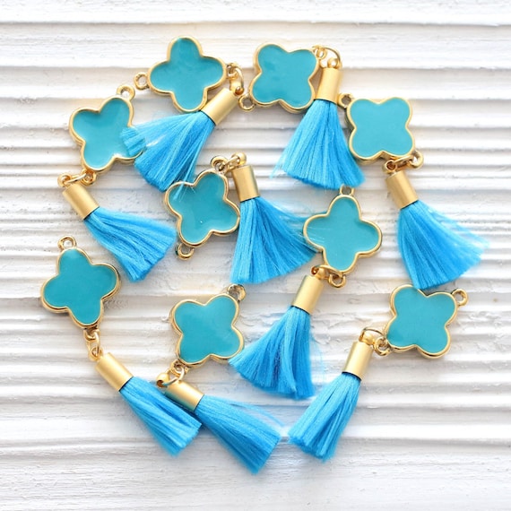 Turquoise tassel pendant, enamel charm, enamel pendant, earrings dangle, turquoise pendant, flower, blue tassel, turquoise blue,gold pendant